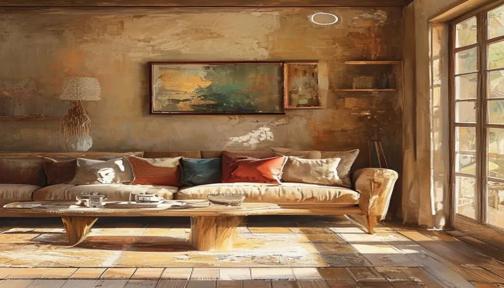 Cozy living room bathed in warm, earth‑tone paint and natural light