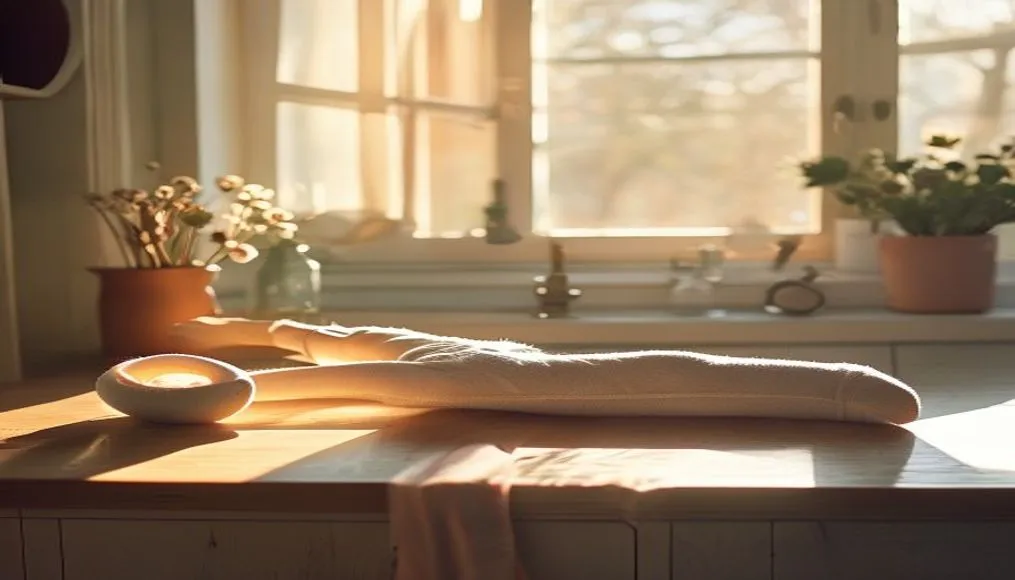 Morning stretch routine beside a sunny kitchen window