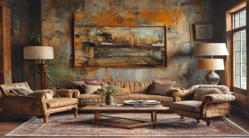 Vintage living room with reclaimed wood furniture
