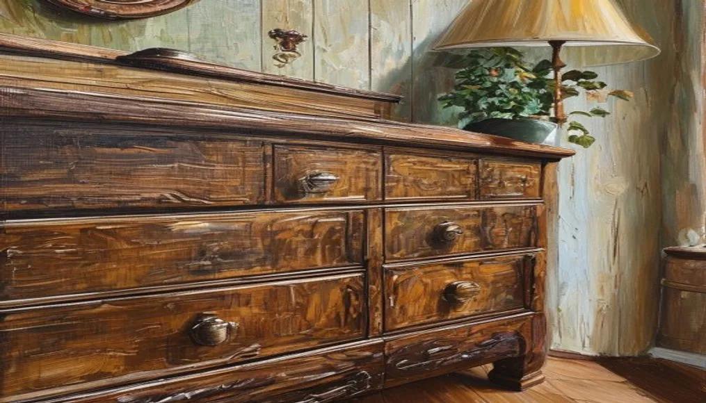 Close‑up of restored wooden dresser with new hardware