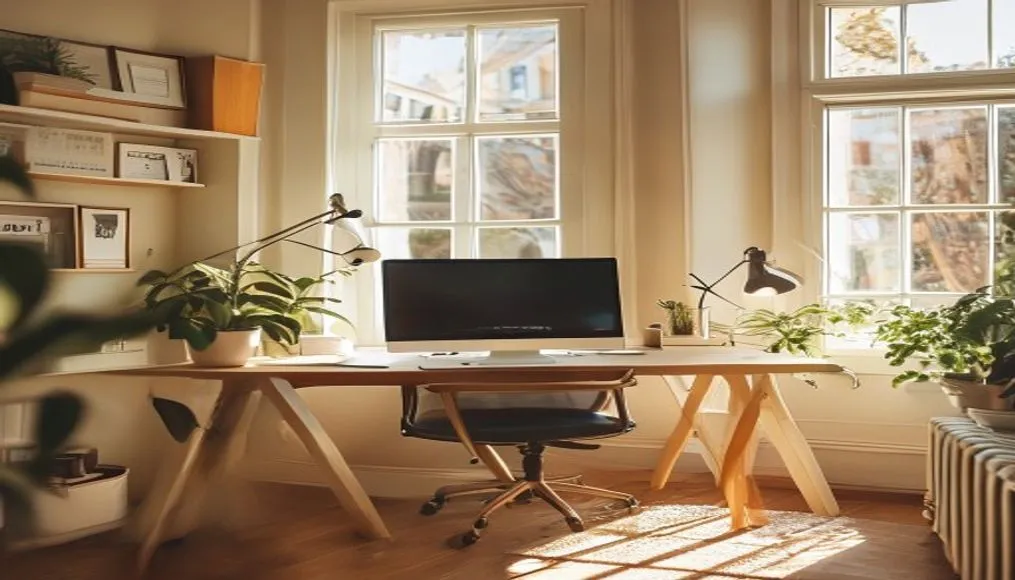 Home office with clear separation between work and leisure spaces