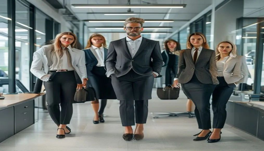 Professional office environment showcasing diverse business‑casual outfits