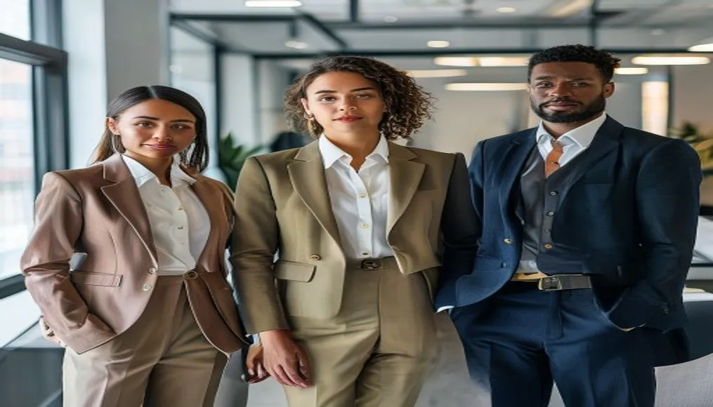 Professional office environment showcasing diverse business‑casual outfits
