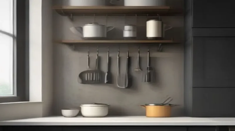Vertical kitchen wall storage rack holding cooking utensils and spices above clean countertop