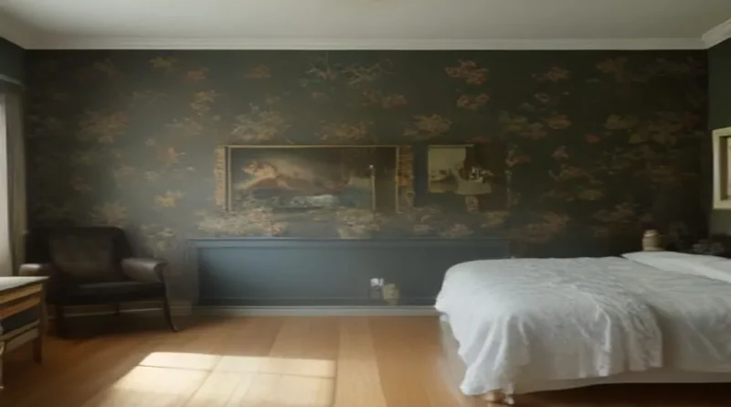 Peel and stick wallpaper application test in apartment bedroom