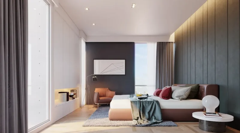 Peaceful modern minimalist bedroom styled with soft lighting and natural textures for deeper sleep