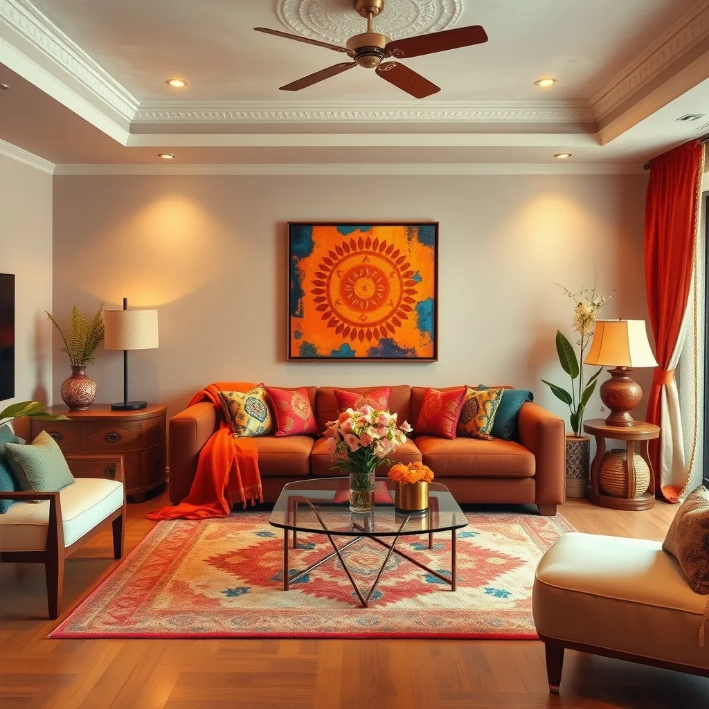 Vibrant Indian festive décor in a modern living room