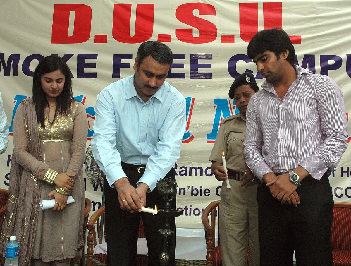 Campus awareness poster with a stethoscope and students