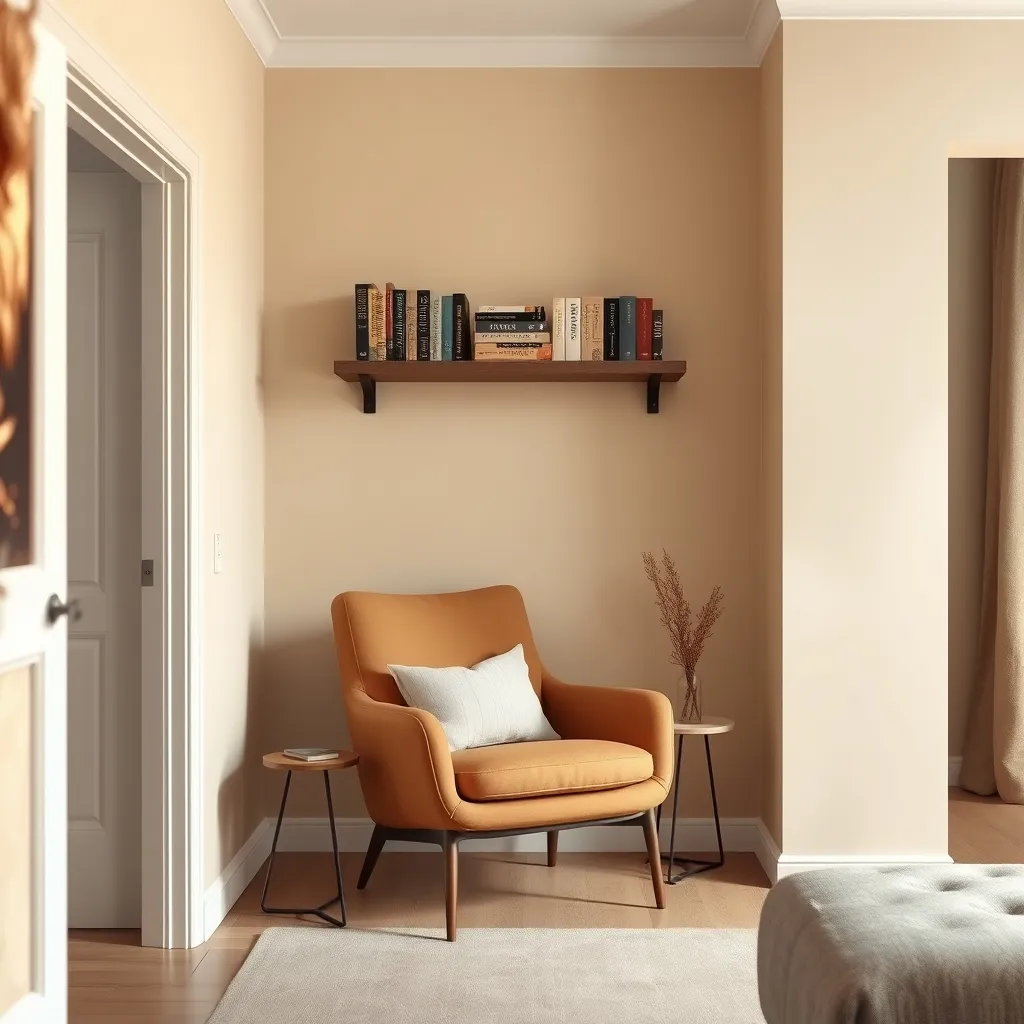 Minimalist armchair and wall-mounted book ledge in a compact apartment living room