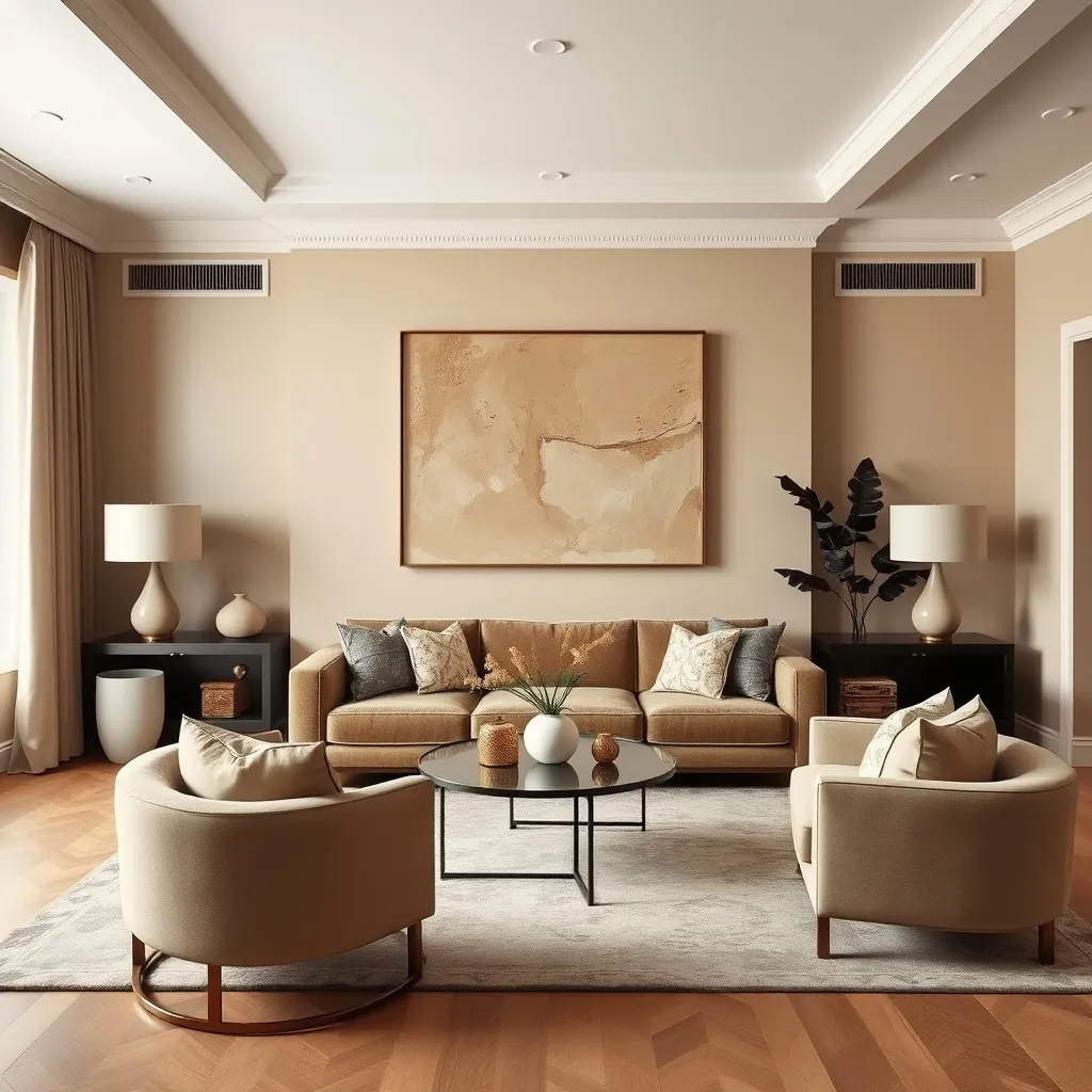 Living room with neutral walls and contrasting statement pieces