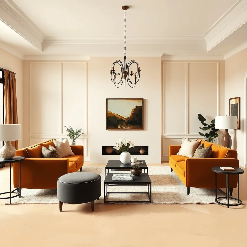 Neutral living room featuring warm ivory walls and contrasting bold furniture