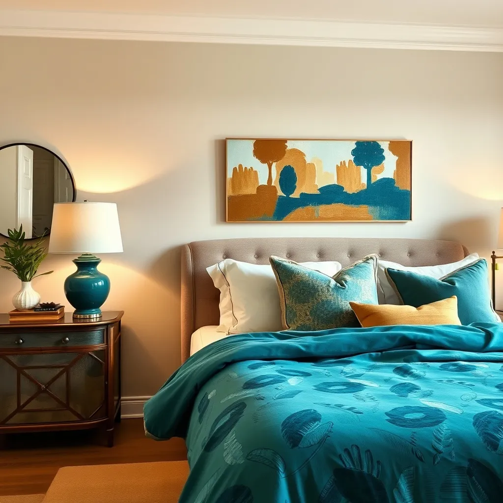 Bedroom with coordinated teal accents and neutral walls