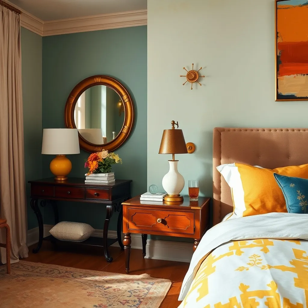 Bedroom interior showing balanced color accents and coordinated hardware finishes