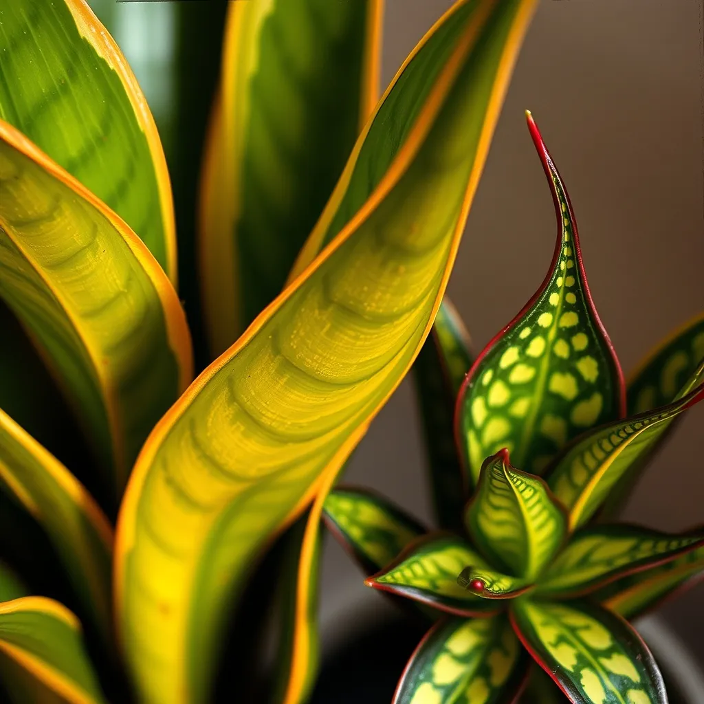 Close-up of vibrant snake plant and ZZ plant foliage