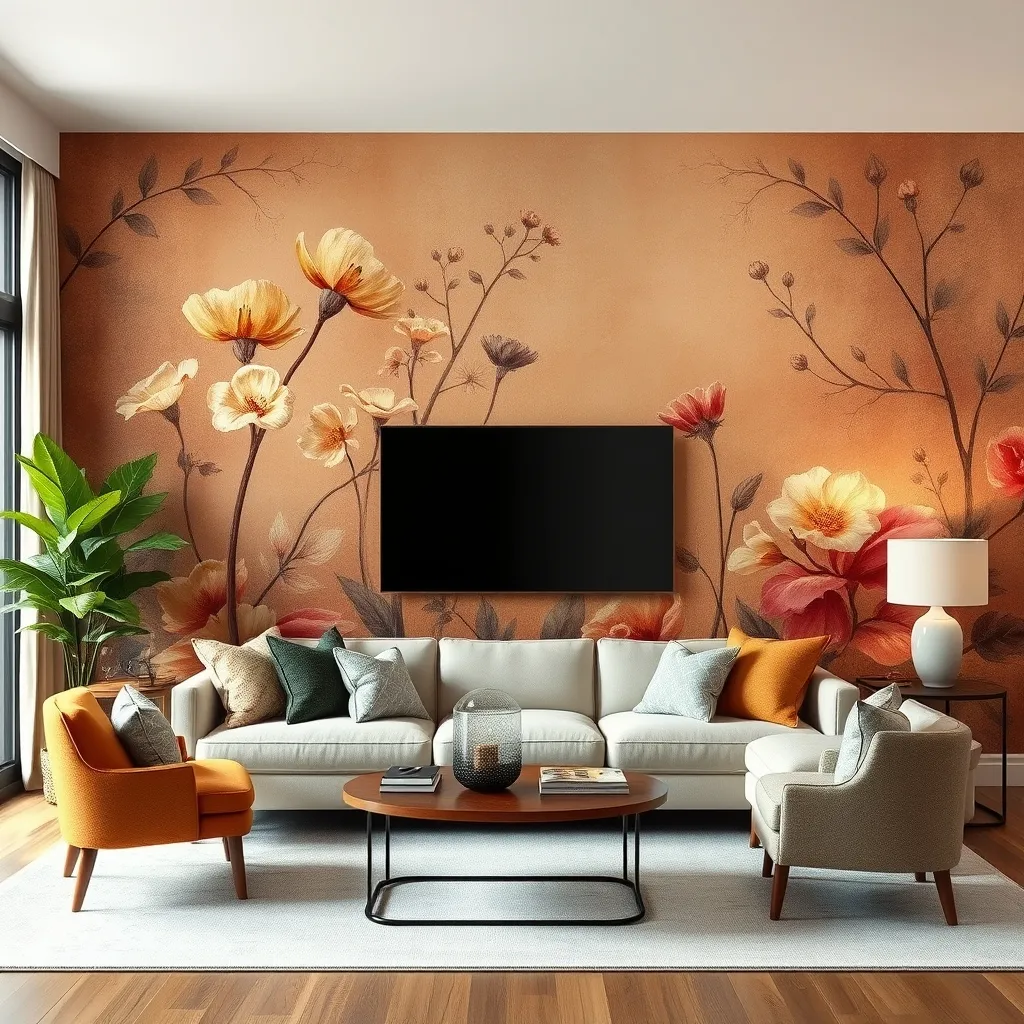 Living room accent wall featuring removable peel-and-stick botanical wallpaper