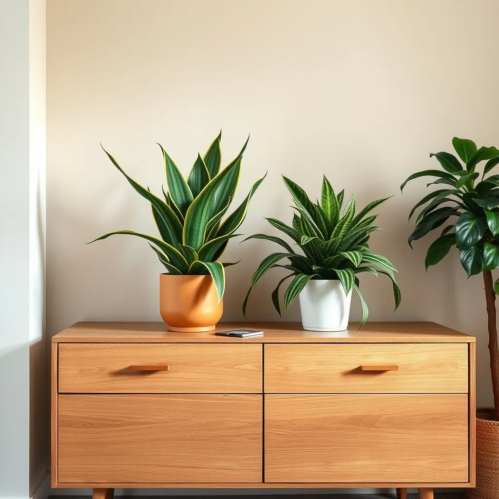 Snake plant and ZZ plant styled on a minimalist wooden sideboard