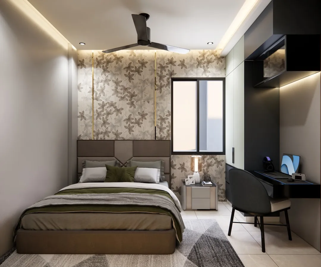 Minimalist bedroom layout showing clear pathways and balanced furniture