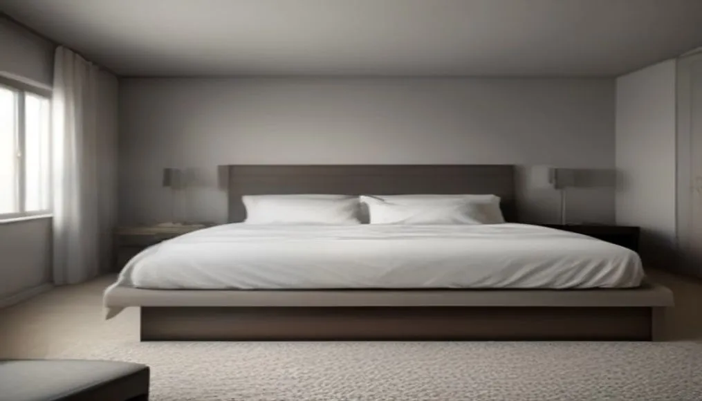 Serene minimalist bedroom layout with warm ambient lighting and soft linen bedding