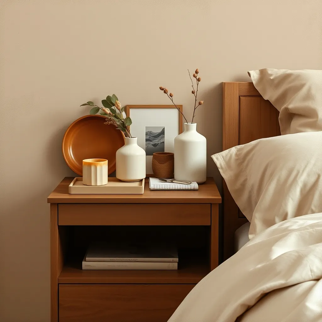 Organized bedside table with minimal accessories and warm muted color palette