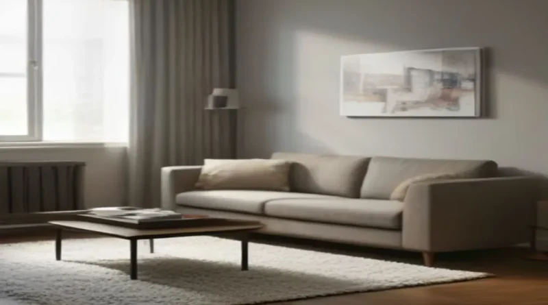 Bright modern staged living room featuring clean neutral furniture and open shelving