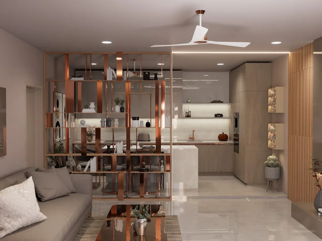 Body image of a well‑placed shelf unit acting as a room divider