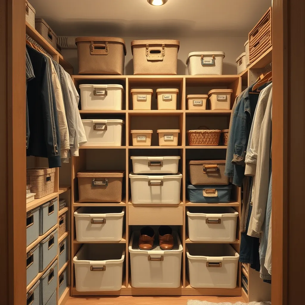 Closet with labeled bins and vertical shelving