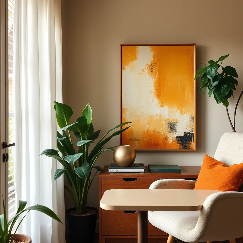 Image of a home office with plants and artwork