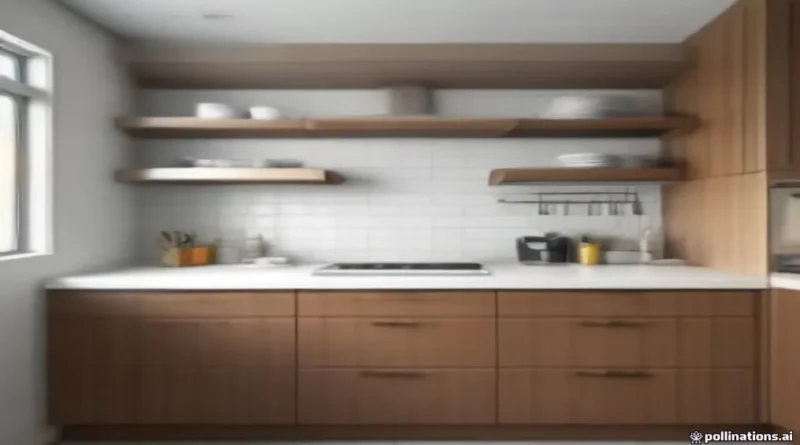 Modern kitchen with organized modular shelving and clean prep countertops