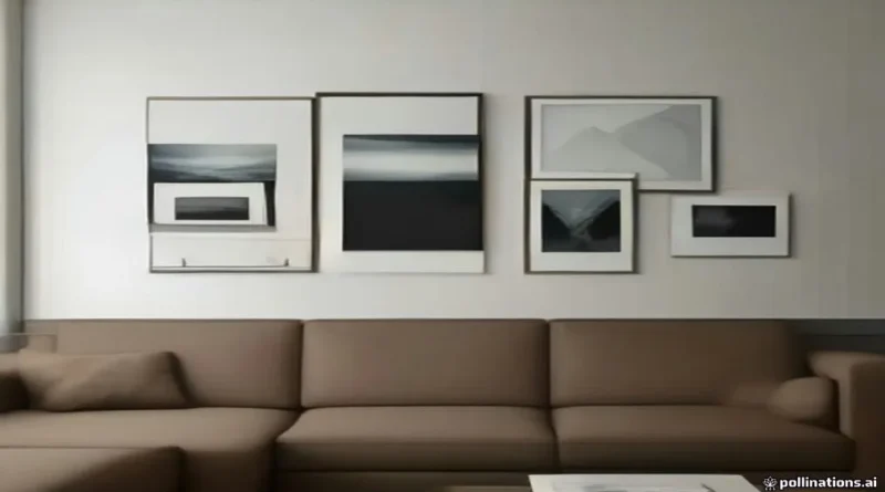 Curated modern gallery wall layout hung evenly above neutral living room furniture