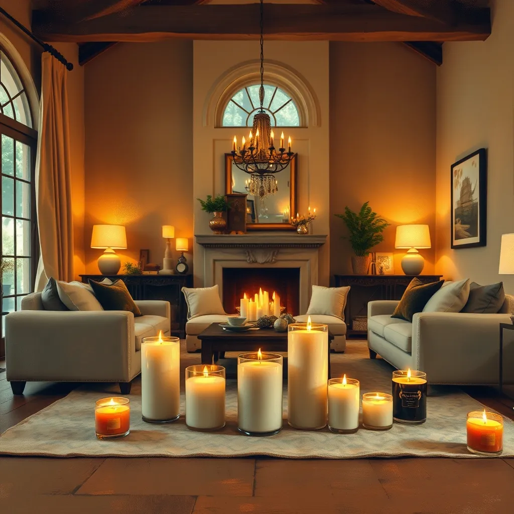 Hero image of a beautifully lit living room with various candles