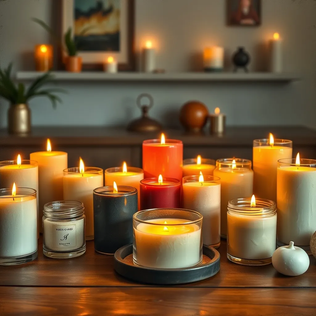 A beautifully arranged collection of glowing scented candles on a wooden table