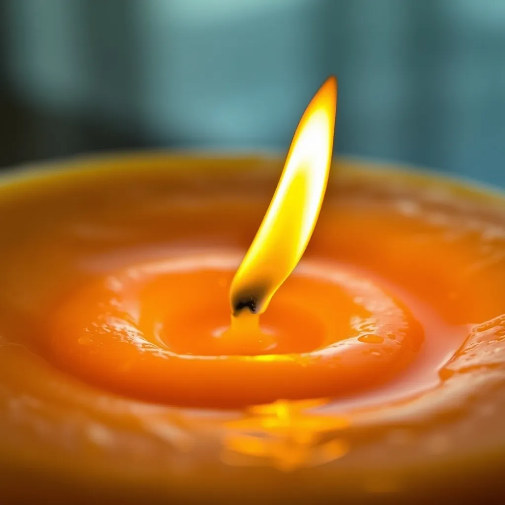 Close-up of an illuminated cotton candle wick in a pool of golden melted wax