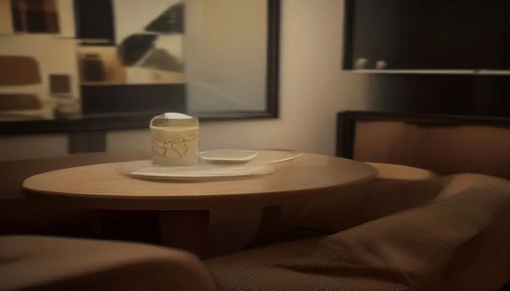 Supporting image of a candle on a coffee table with light rays