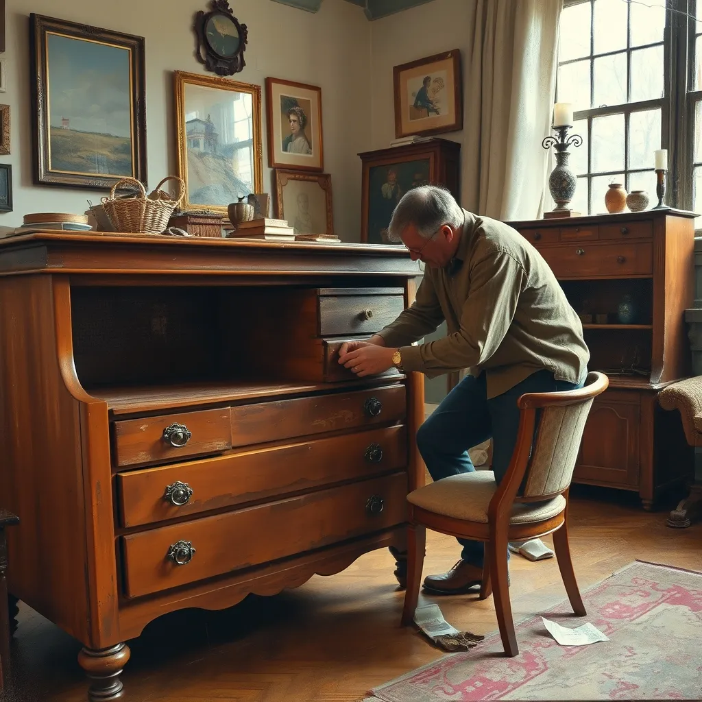 Inspecting vintage wooden furniture for craftsmanship and solid joinery