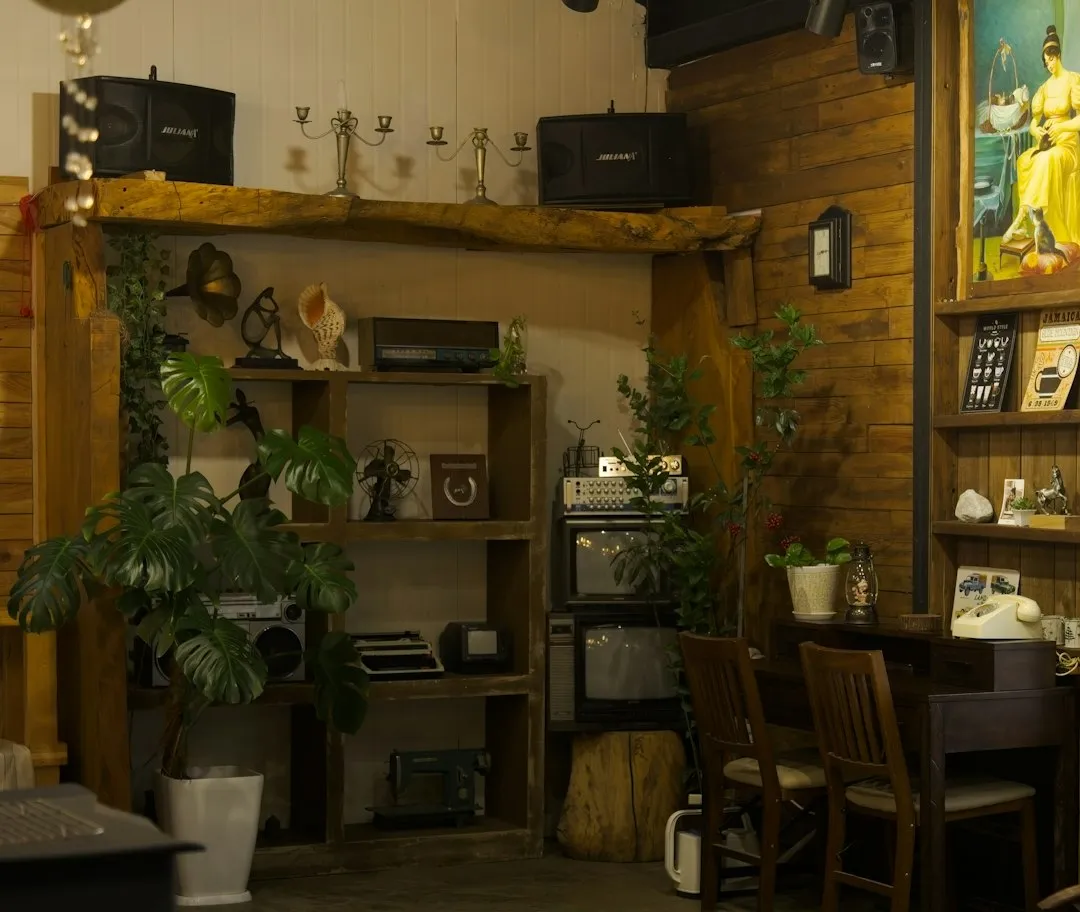 Stylishly curated living space featuring vintage wooden furniture and modular accents